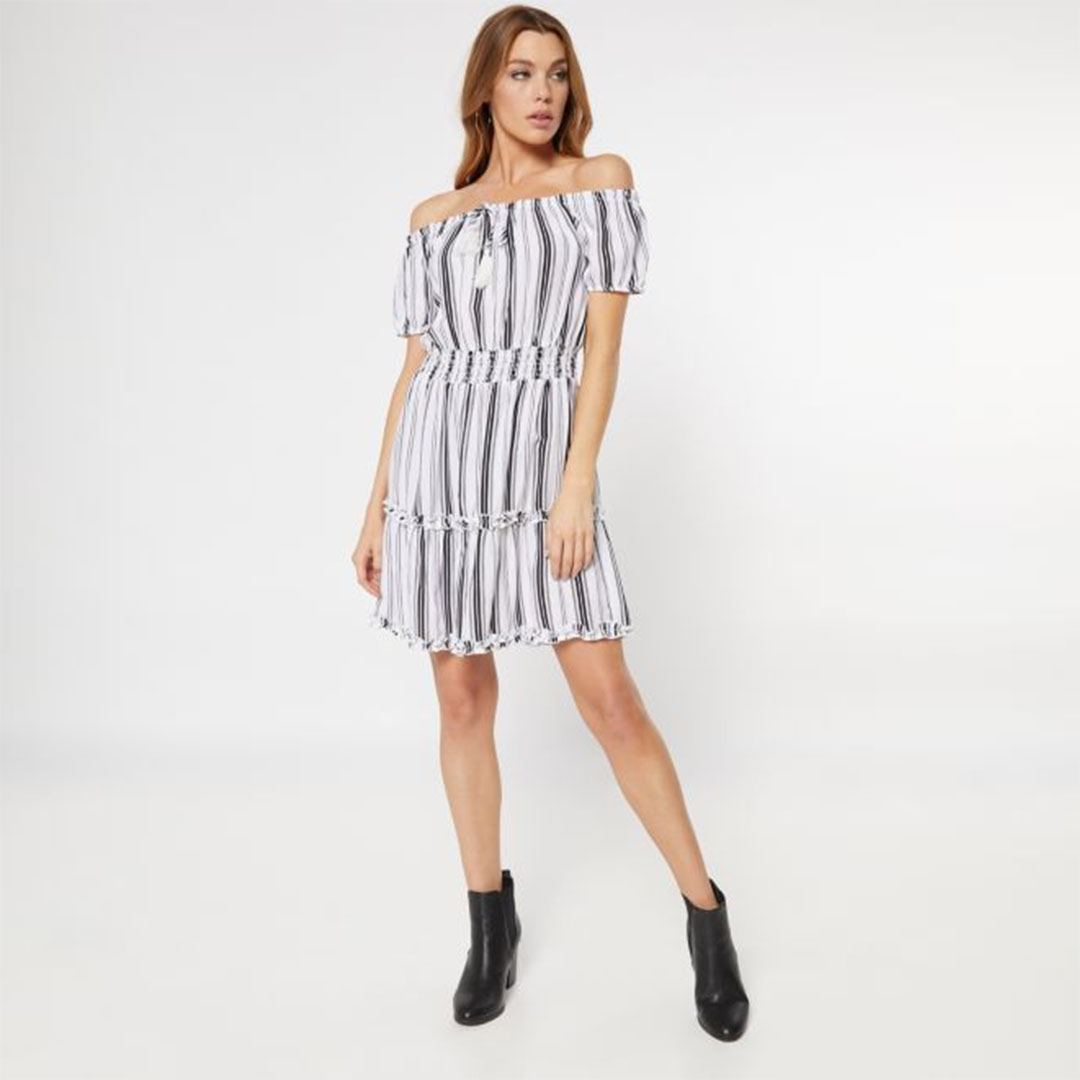 White Striped Off The Shoulder Ruffle Dress