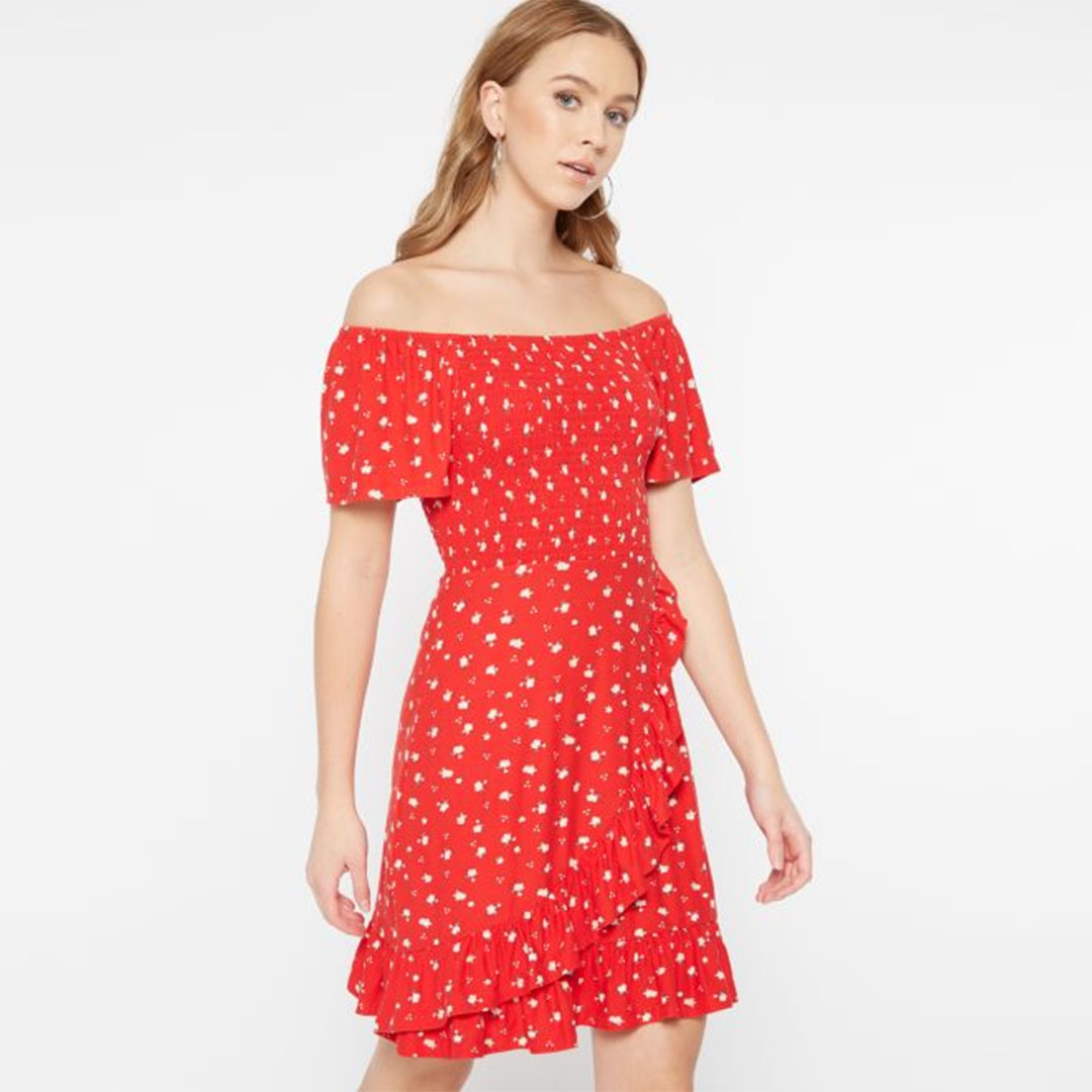 Red Floral Print Off The Shoulder Dress