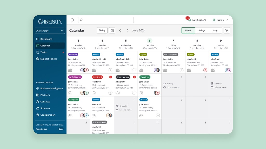Infinity Renewables — scheduling calendar