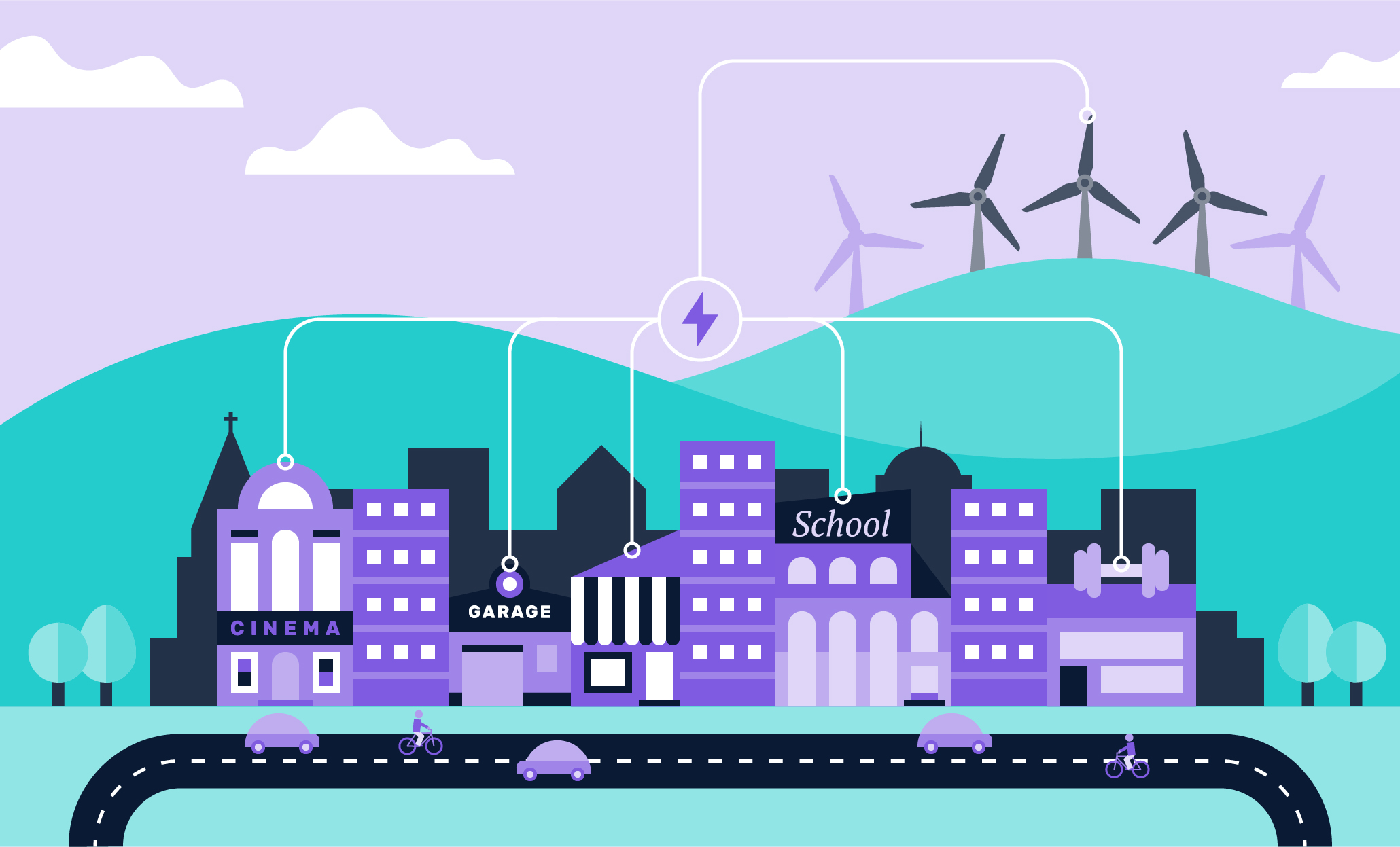 <html><head></head><body><p>High street illustration with a wind farm in the background providing power to local shops</p></body></html>