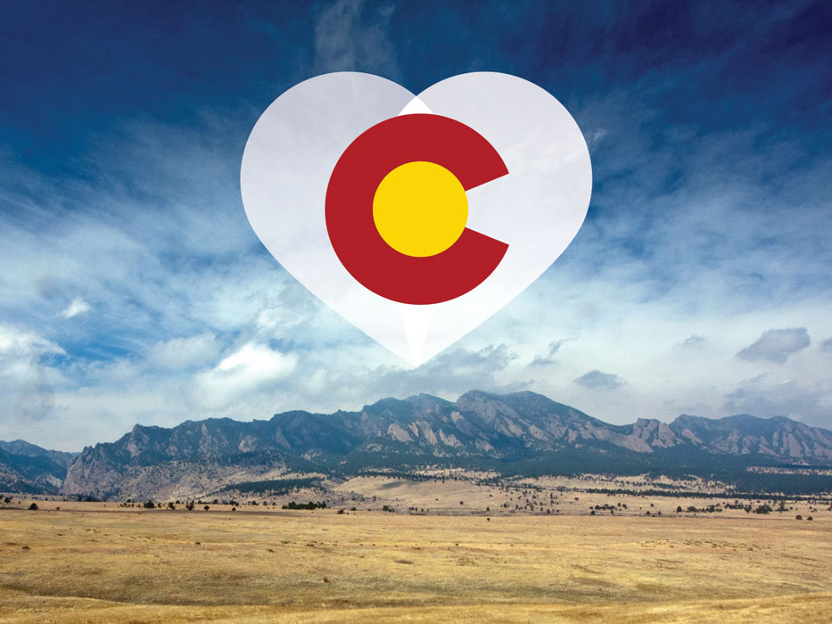 A photo of the Boulder flatirons with the Colorado Logo overlaid on top