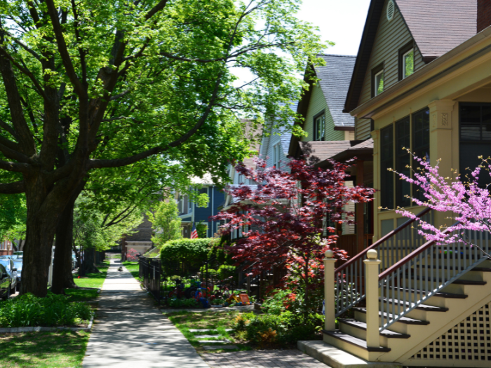 view looking down a side walk with houses on the right and the tree-lawn on the left. Trees are green with leaves and the houses have a walkup staircase to the front porch. Many flowering bushes are in front of the houses.