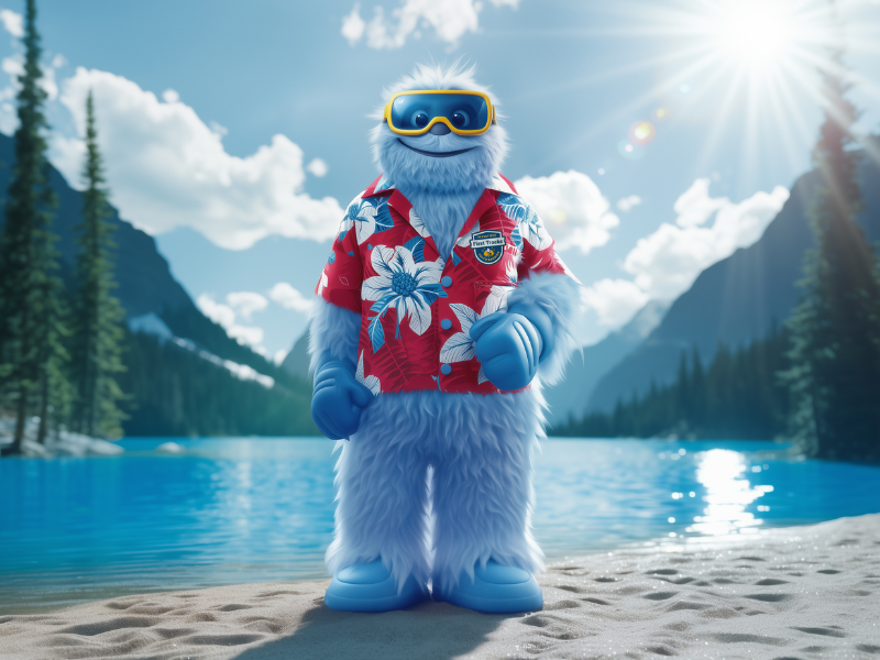 Elevations Credit Union's Freddy the Yeti in a fun summer Hawaiian short sleeve shirt and standing on the beach of a mountain lake.
