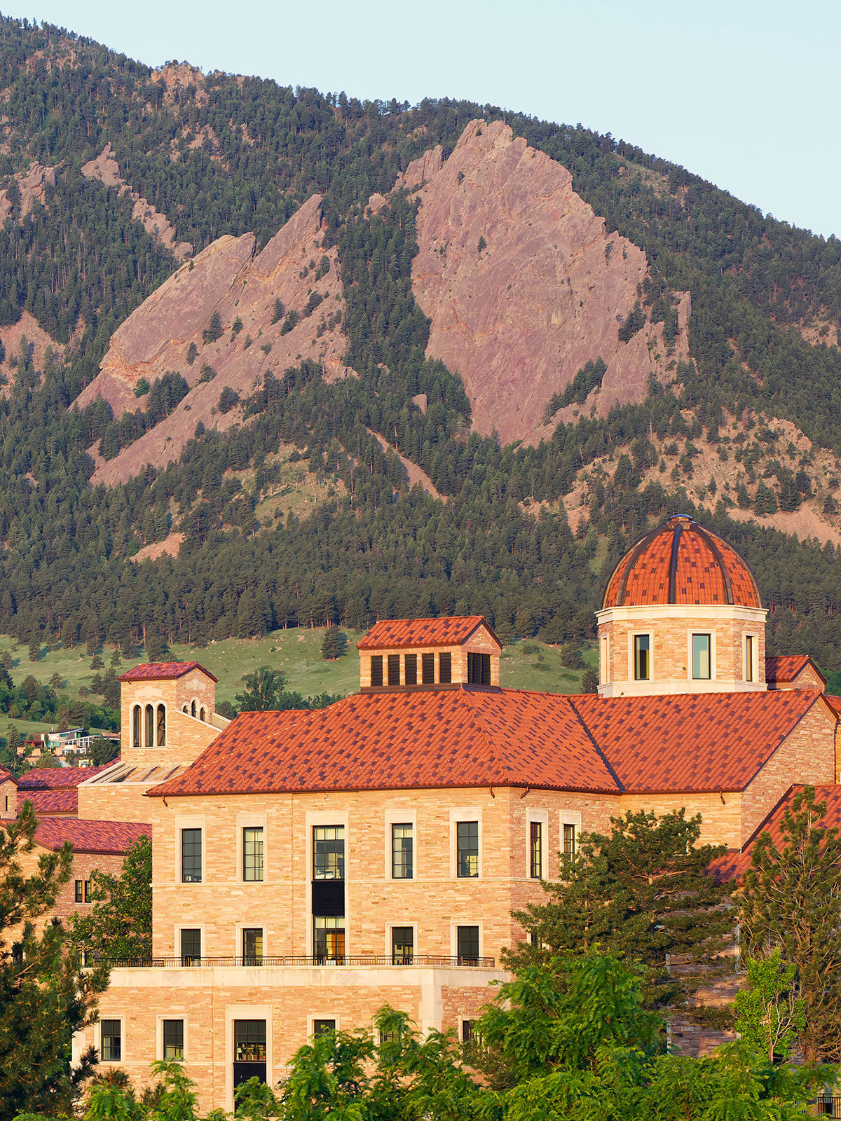 University of Colorado campus building with flatirons in background