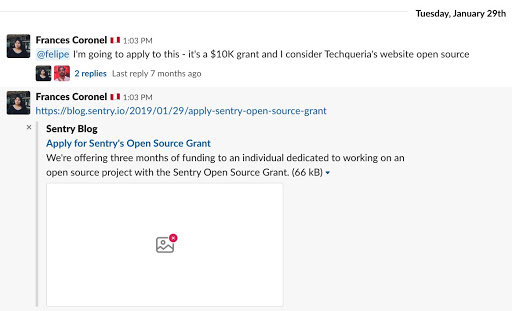 Frances Coronel letting the Techqueria slack channel know that she was applying for Sentry's Open Source Grant.