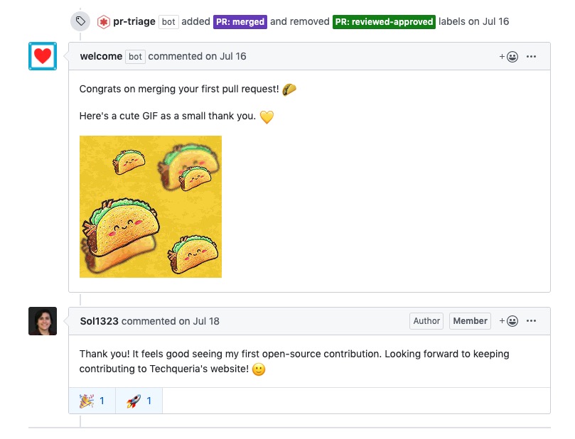 GitHub bot that shows a taco gif when your first commit is made to the Techqueria repo.