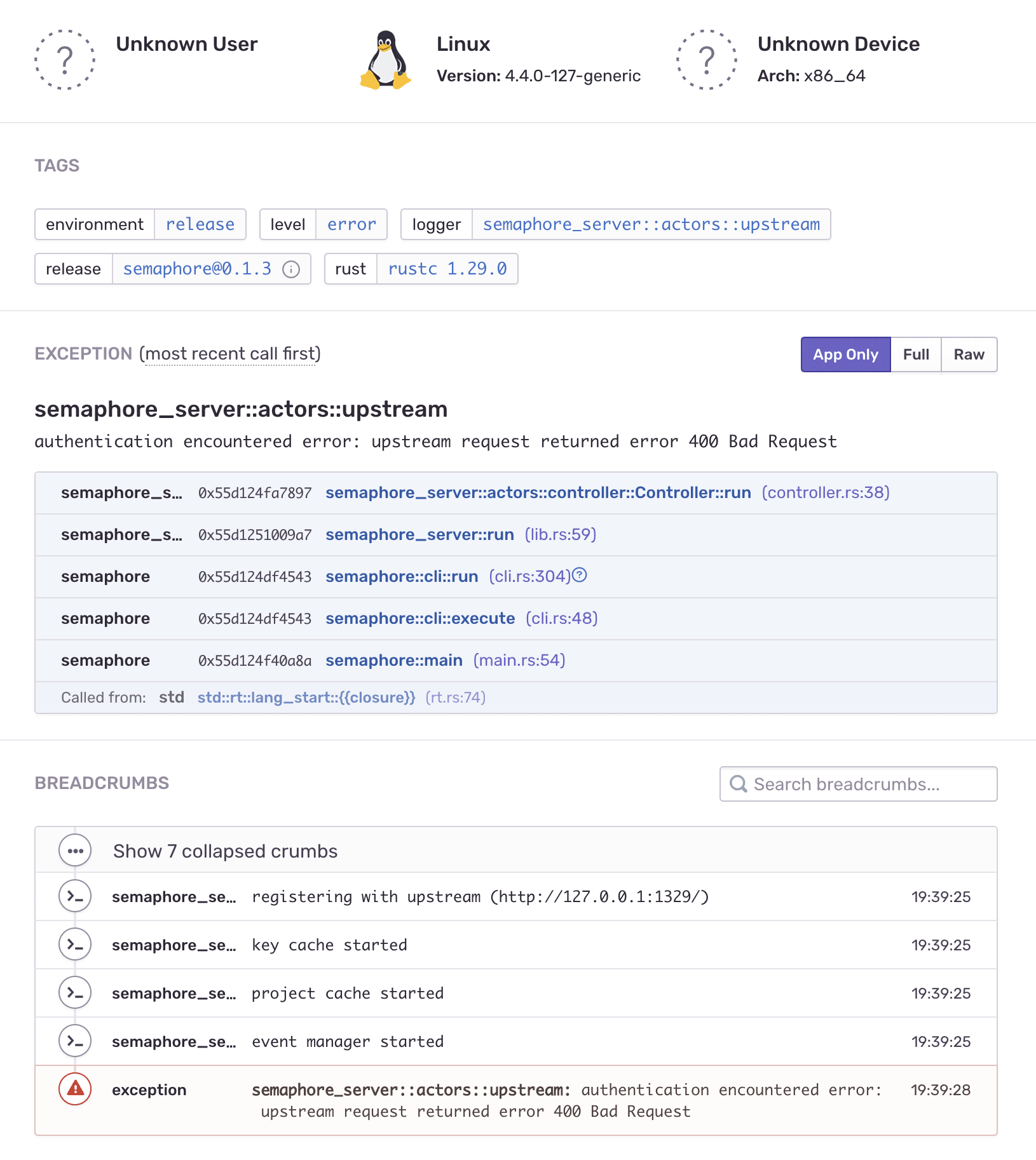 Rust Exception in Sentry