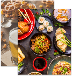 Two overlapping images of asian foods and another image of beer with pretzels