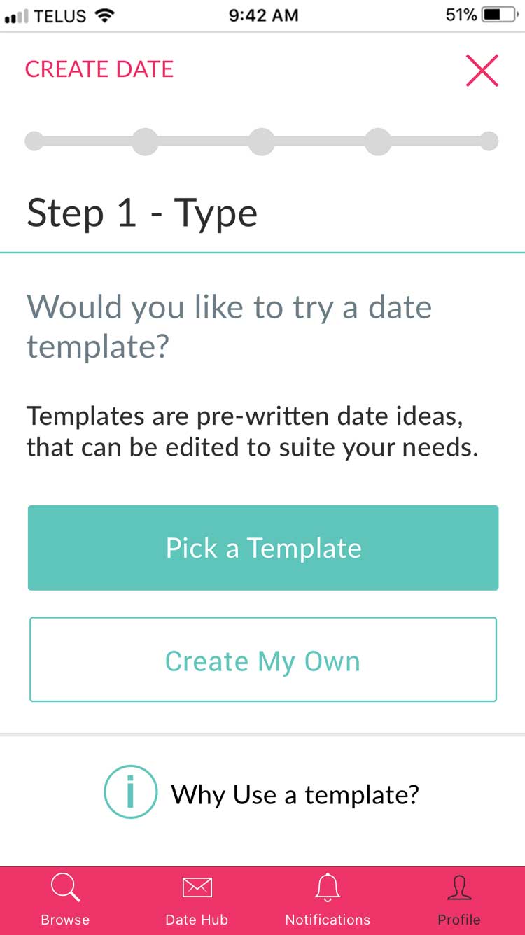 Woo You app create date screen step one, date type