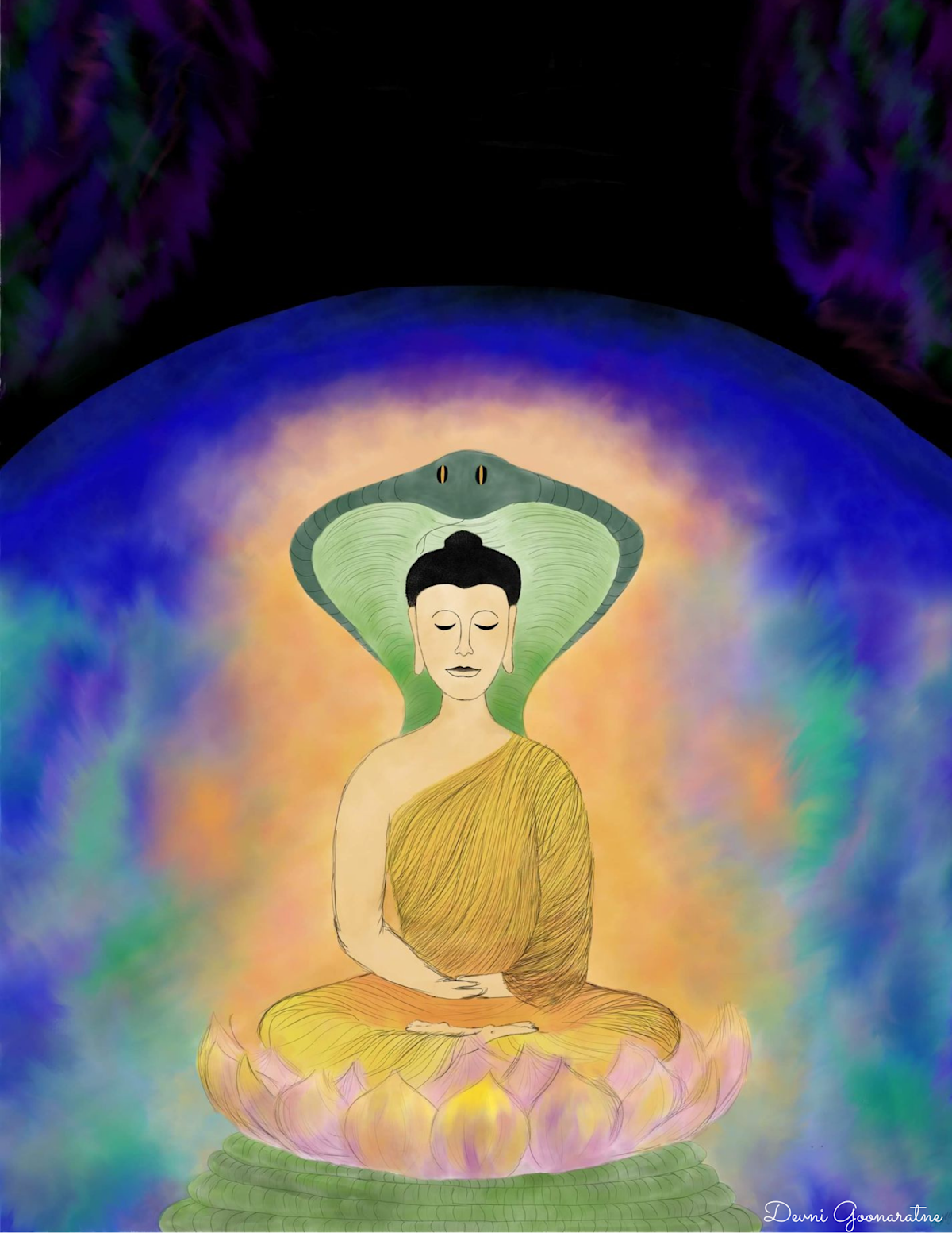 This artwork was inspired by the embodiment of Lord Buddha as a celestial and ethereal being, portrayed through the vivid colours and glowing aura surrounding his body. The Lotus flower is reminiscent of the seven flowers that Prince Siddhartha walked upon at Lumbini Park shortly after birth. The Buddha is shown meditating during the process of Enlightenment, with Mucalinda, the mighty King of Serpents, appearing from beneath the earth to shelter and protect the Buddha during a harsh and vicious storm.
The Earth in the background symbolises the universal understanding that Buddhism is a way of life and a path to attain Nibbana, the release from all suffering. When practising the Dhamma in everyday life, we develop a sense of tranquility and peace of mind. Finally, the ethereal beauty of the Aurora Lights surrounding the Earth, depicts the detachment from the material world and the Lord Buddha’s transcendent qualities.