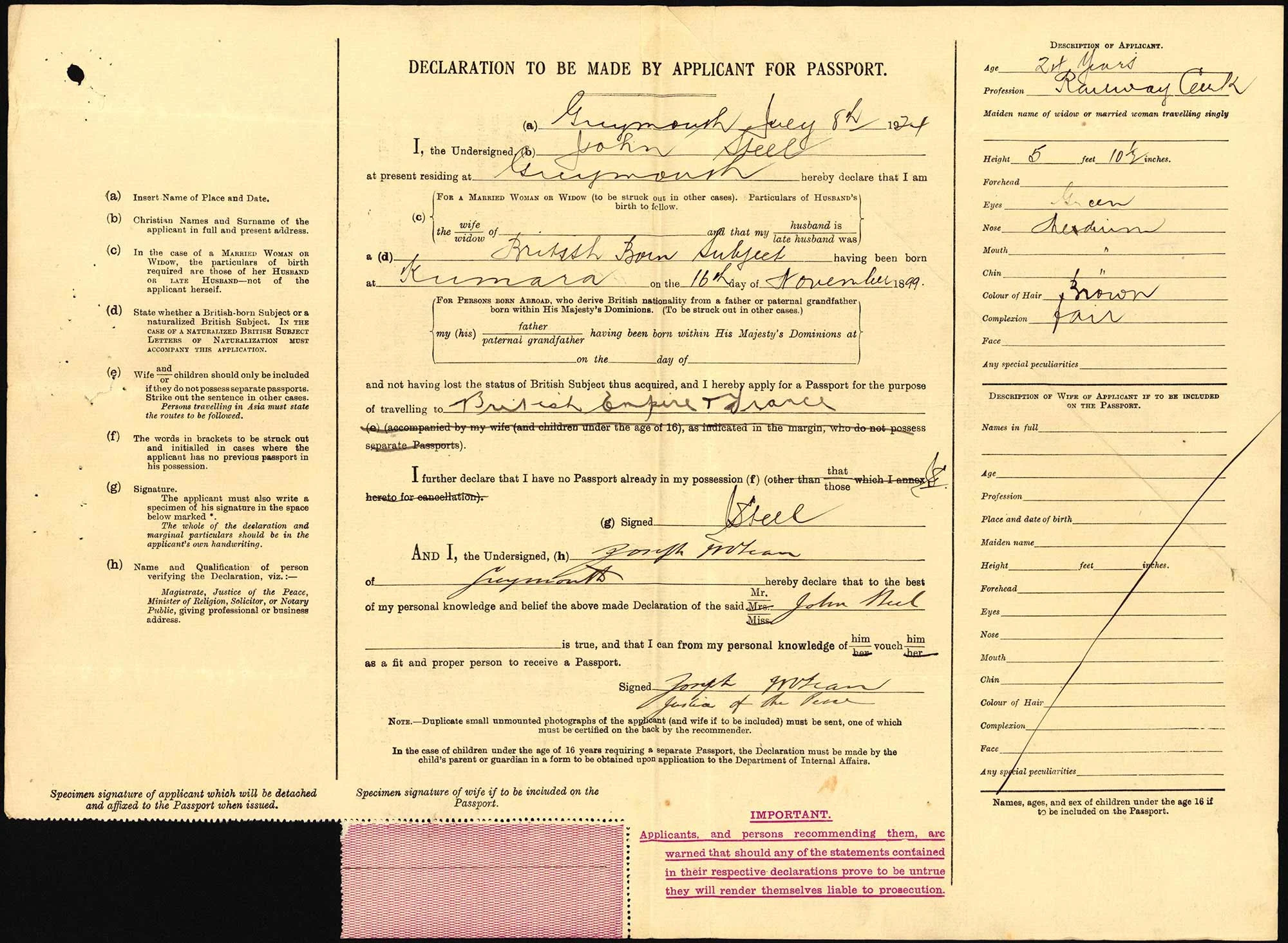 John Steel passport application