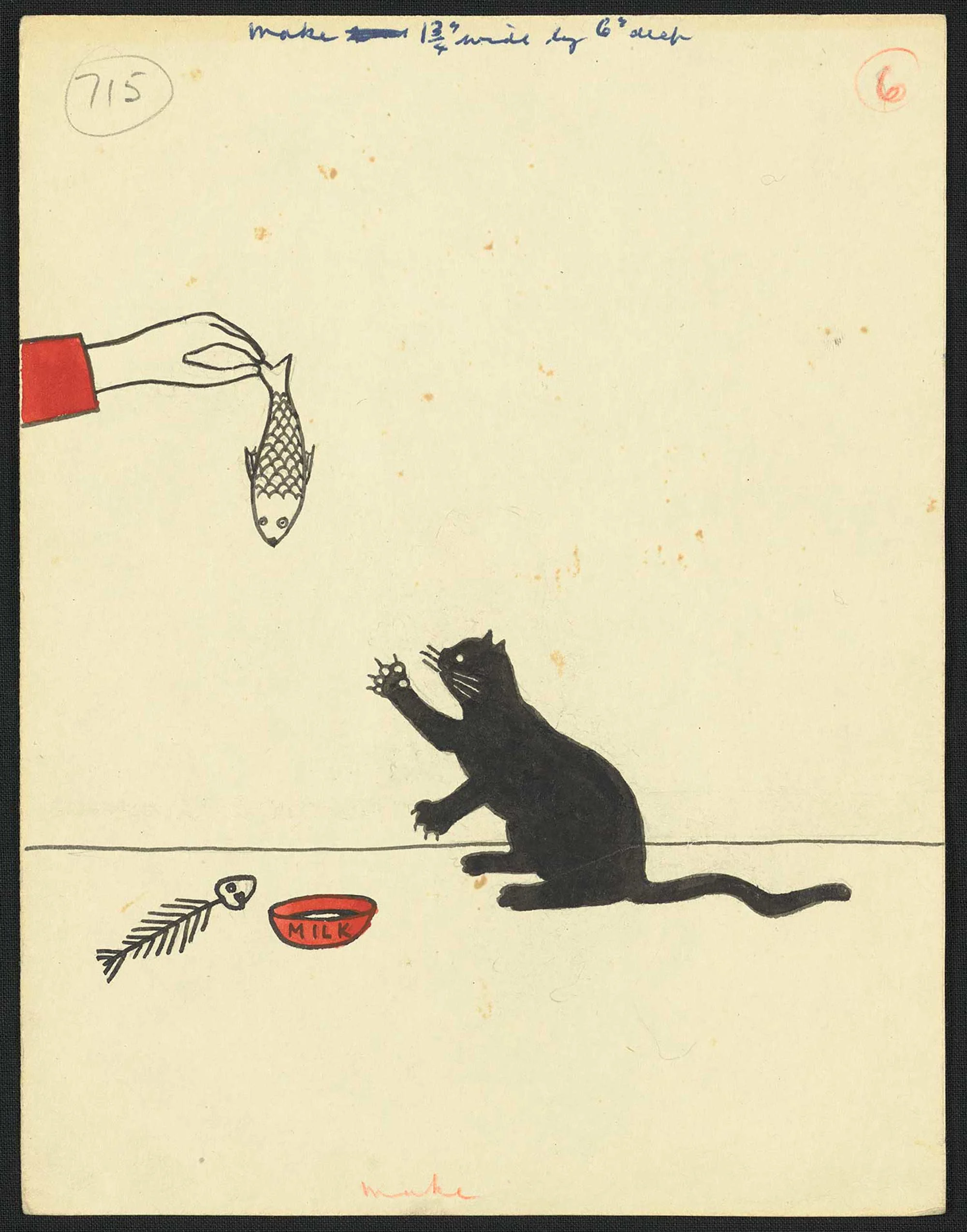 An illustration of a black cat sitting, a hand on the right holds a fish. There are fish bones and a red milk bowl in the front.
