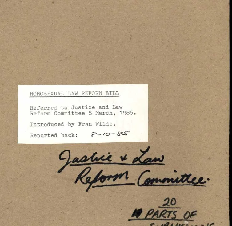 Detail showing the front page of submissions towards the Homosexual Law Reform Bill