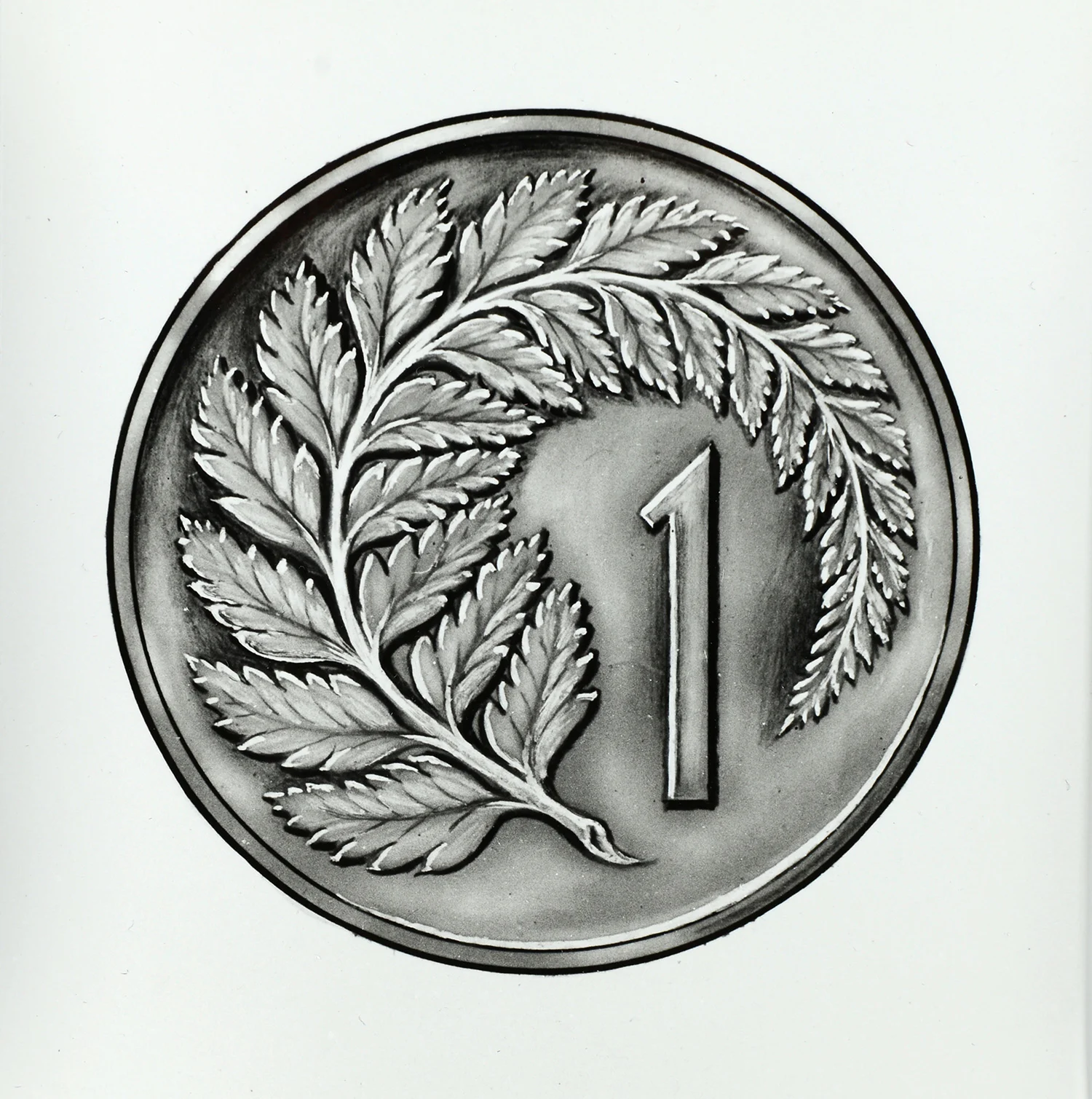 Detailed pencil drawing with fern and number 1 drawn in a circle