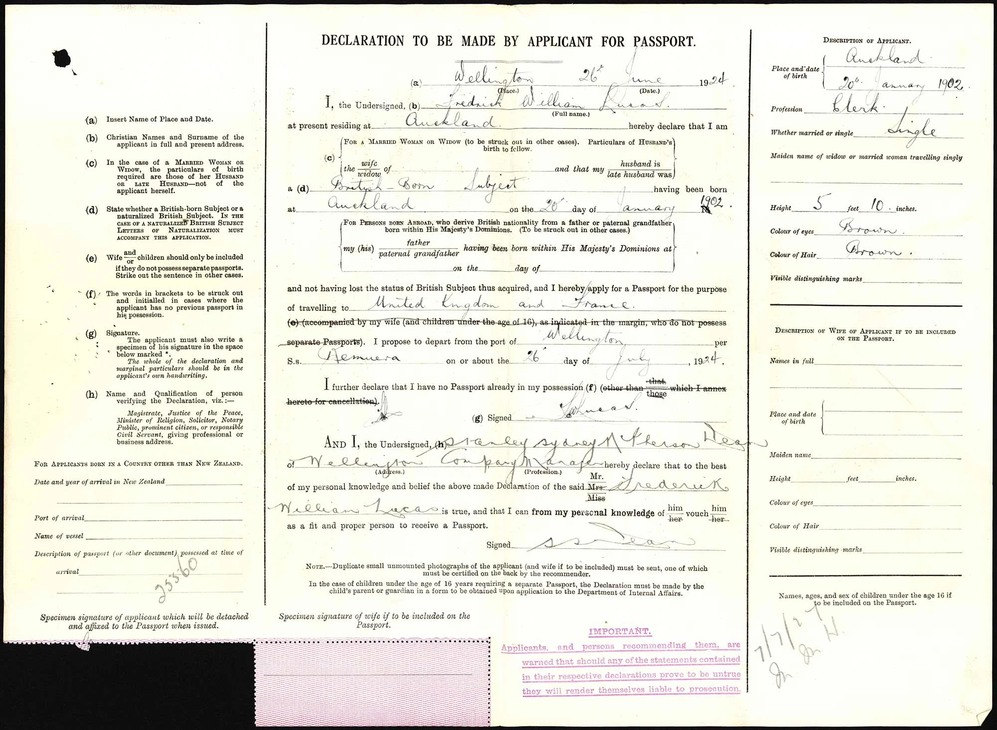 Frederick William Lucas passport application