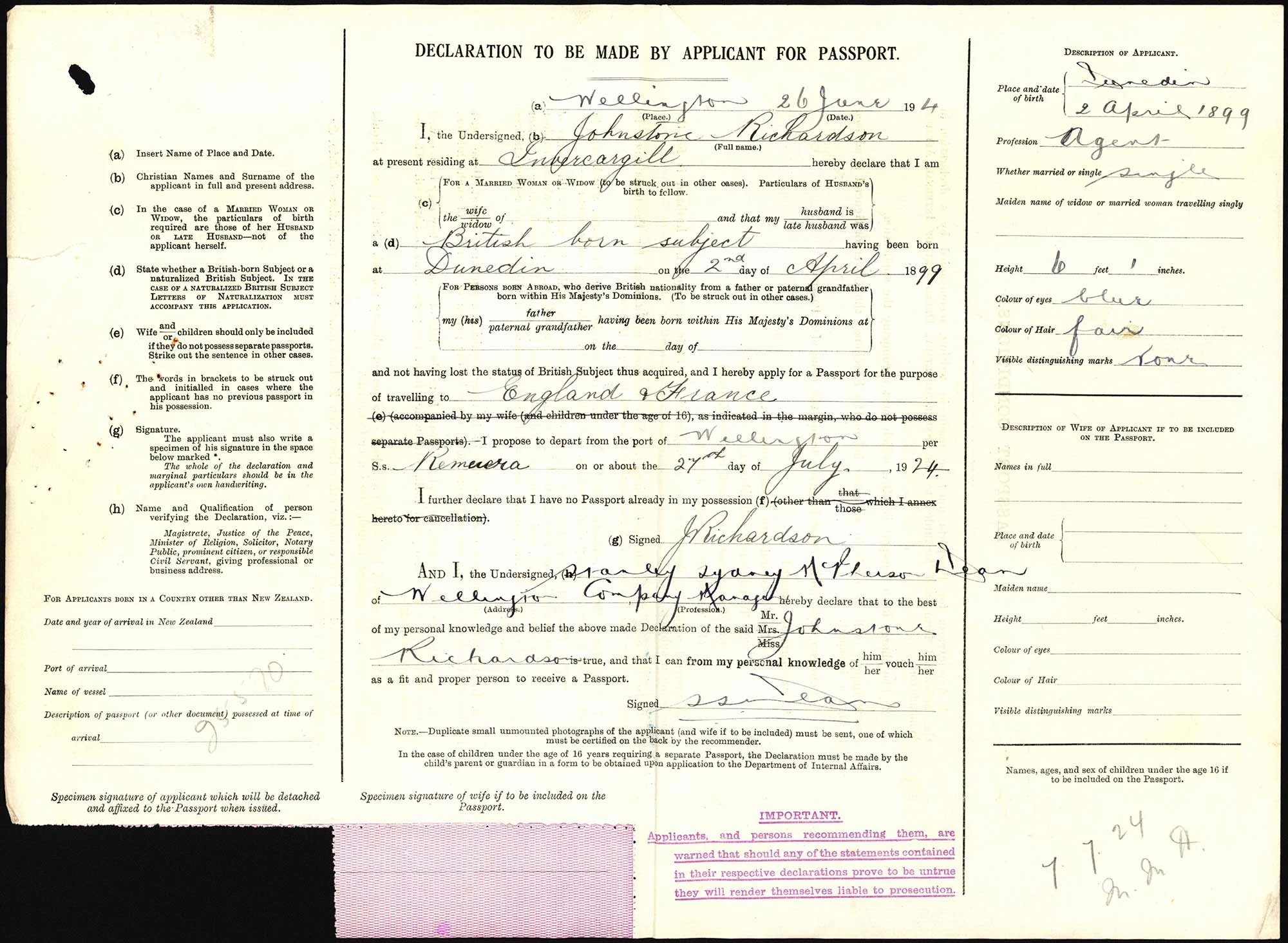 Johnstone Richardson passport application