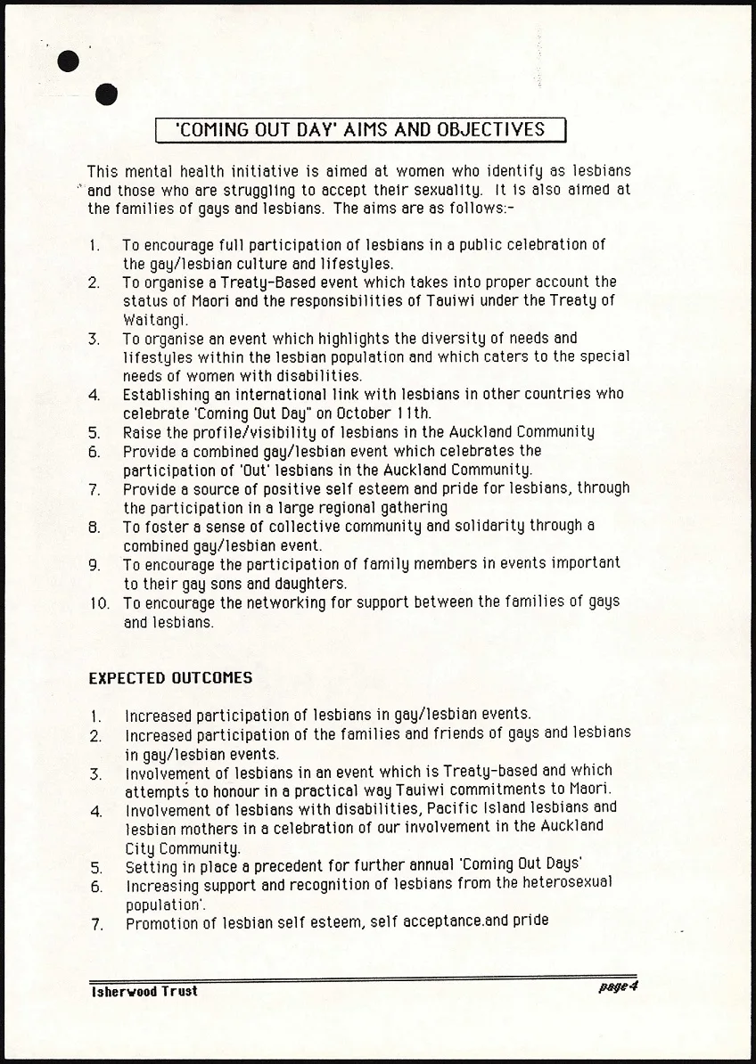 image of a white page with black text about the objectives and aims of national coming out day
