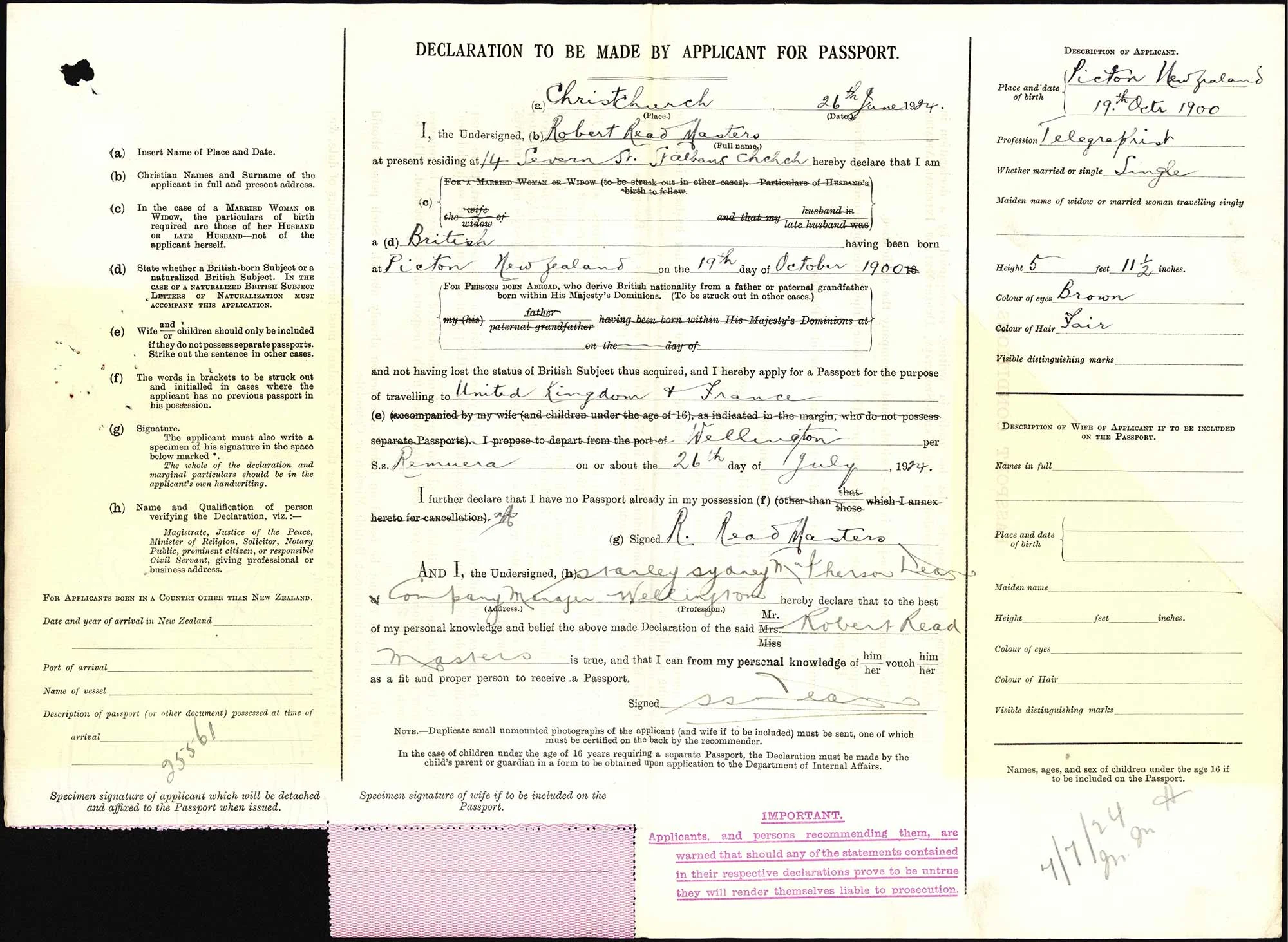 Robert Read Masters passport application