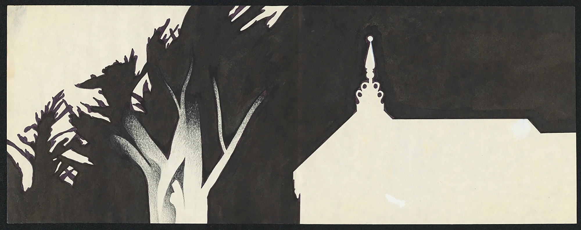 Unfinished black and white illustration of an old character house with dense trees in the background