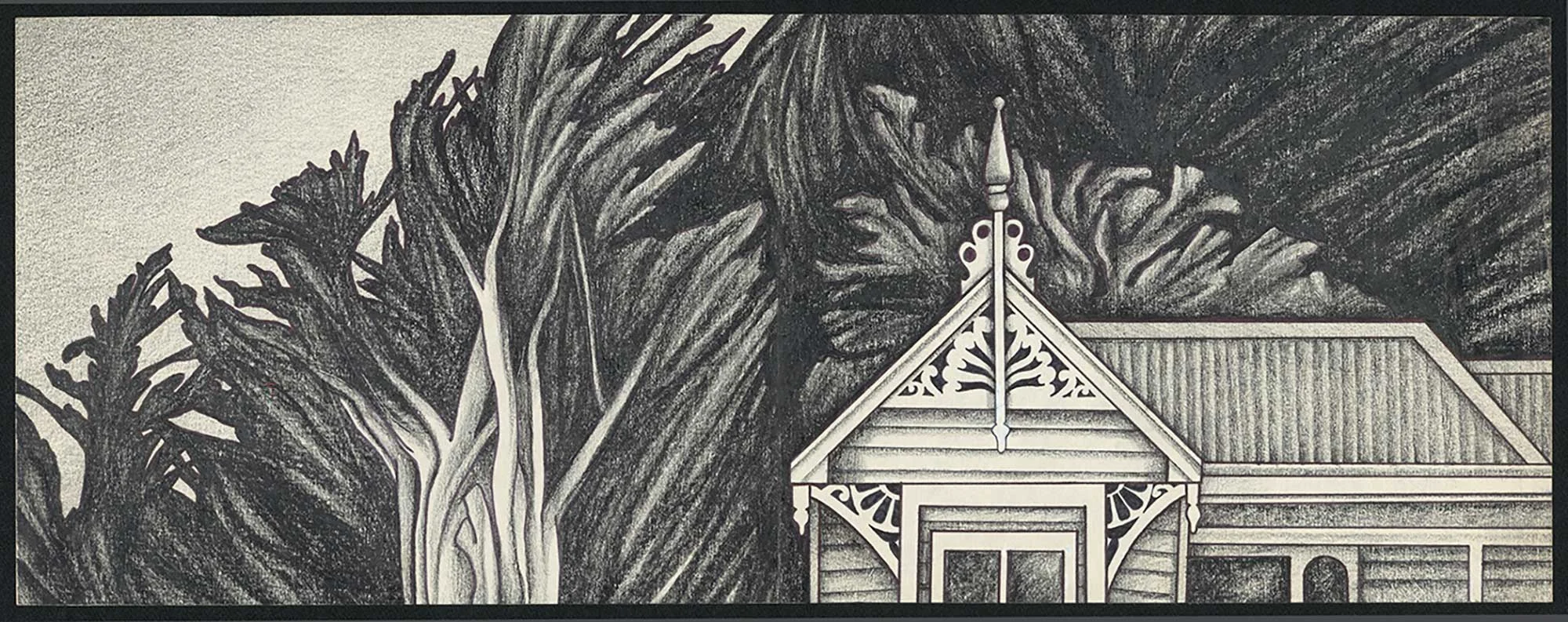 Black and white illustration of an old character house with dense trees in the background