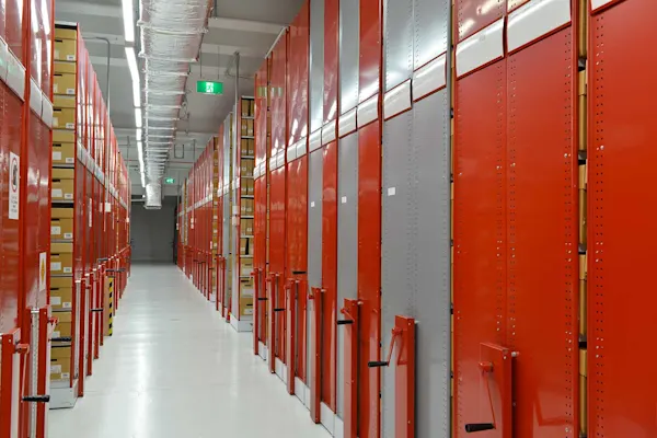 Storage cub boards in alternating rows of red and grey