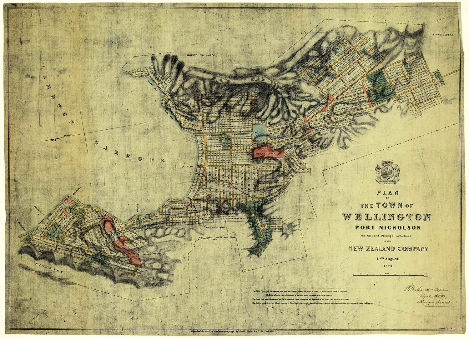 An old map titled ‘Plan of the town of Wellington Port Nicholson’. The map shows the land divided into many blocks