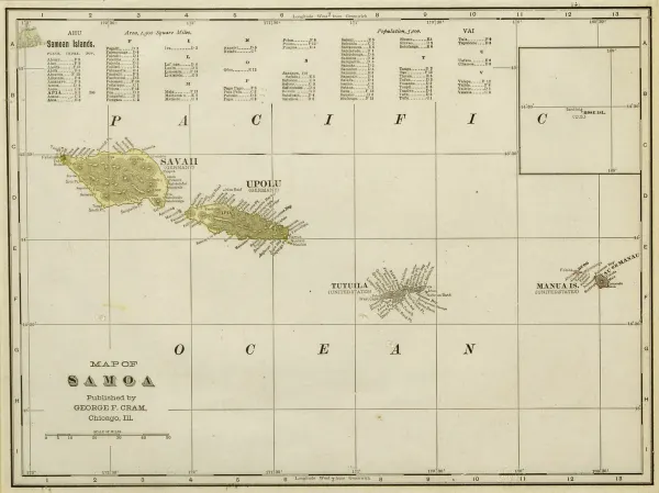 An old map with yellowed paper with words Map of Samoa and Pacific ocean written on it 