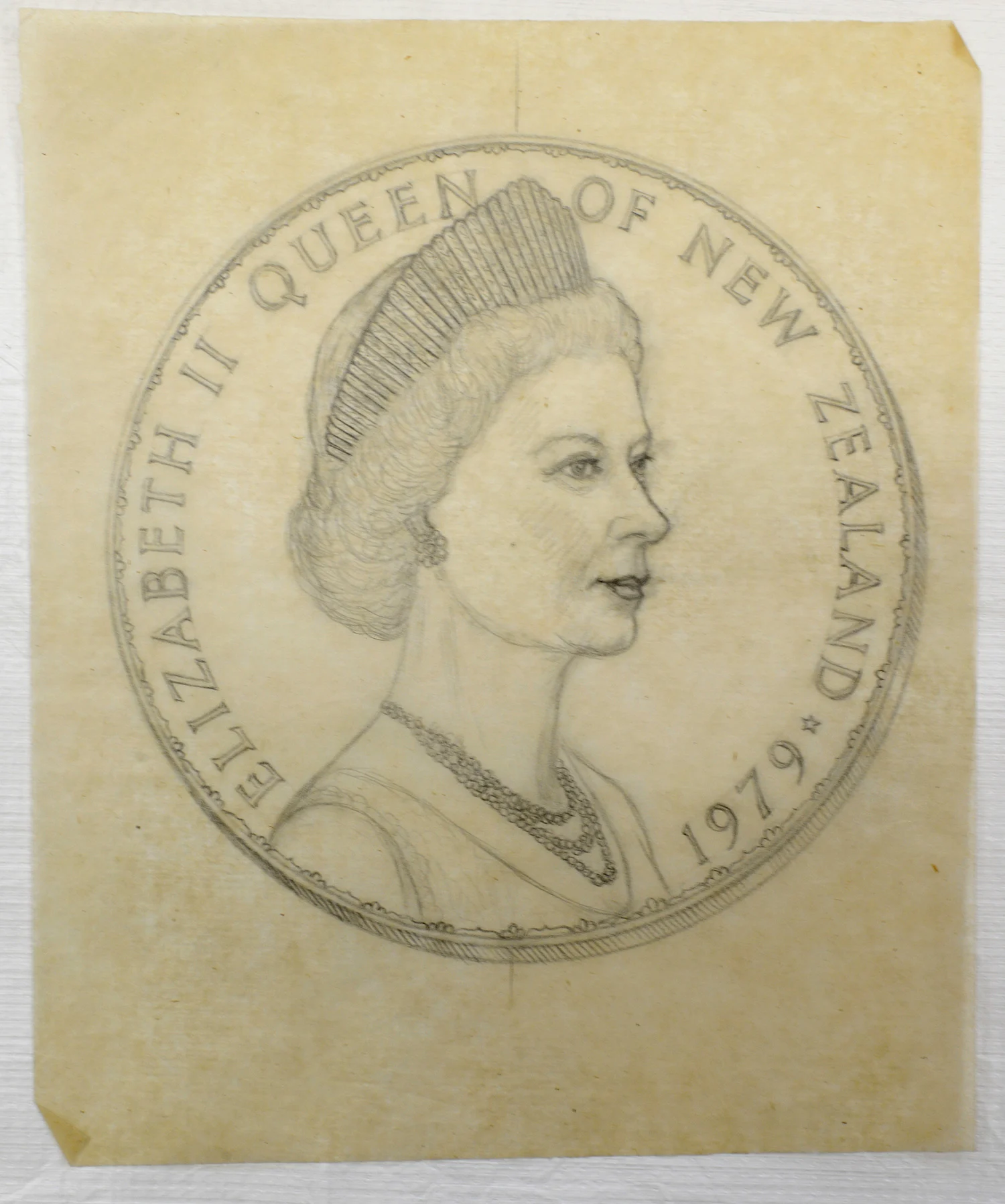 Pencil drawing of a woman with short hair and words Elizabeth 2 Queen of New Zealand 1979 on an old yellowed paper