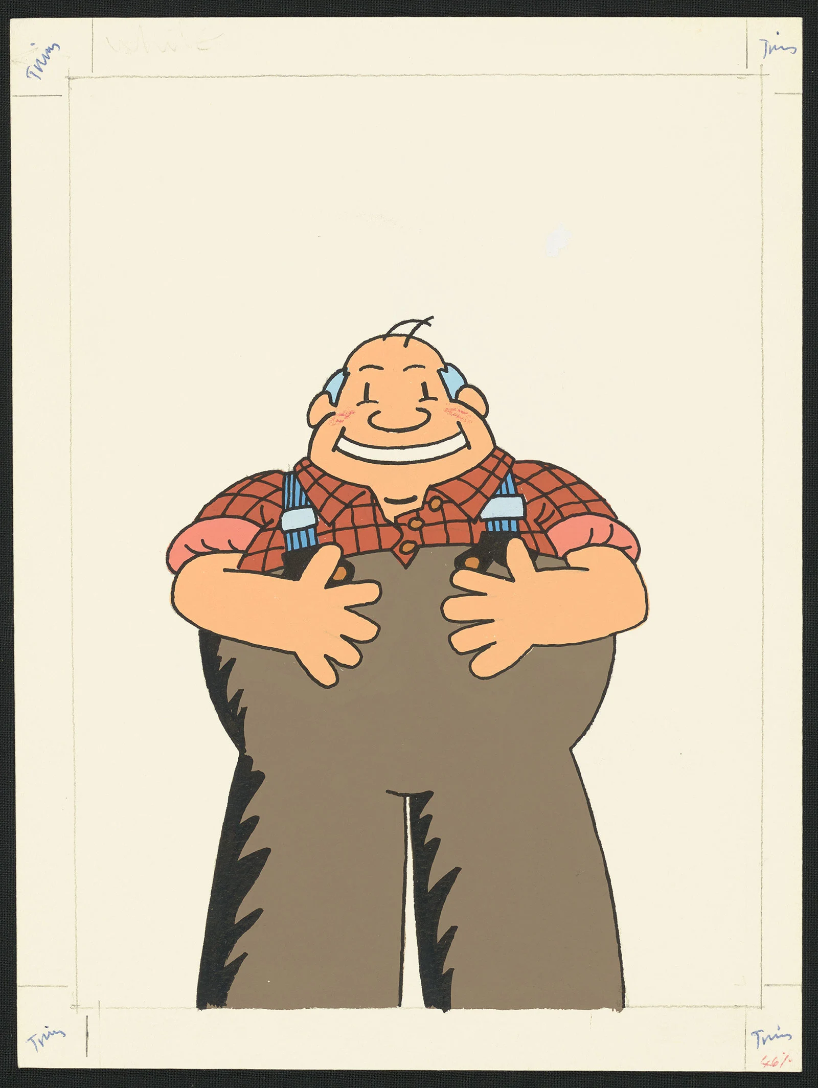 Coloured illustration of an old smiling man standing and wearing a checkered shirt and pant with suspenders