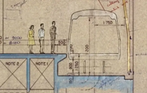 A section of preliminary plans for an Auckland underground station, showing a cross section of the platform and train.