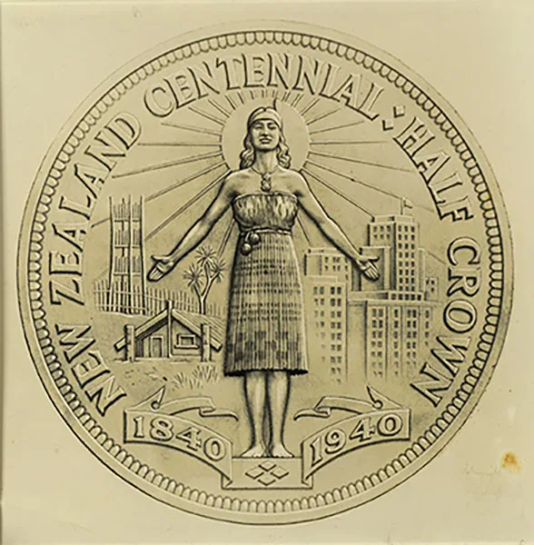 Detailed pencil drawing of a woman with open arms, with a marae, tall buildings and Sun in the background and words written in circle New Zealand centennial half crown 1840-1940