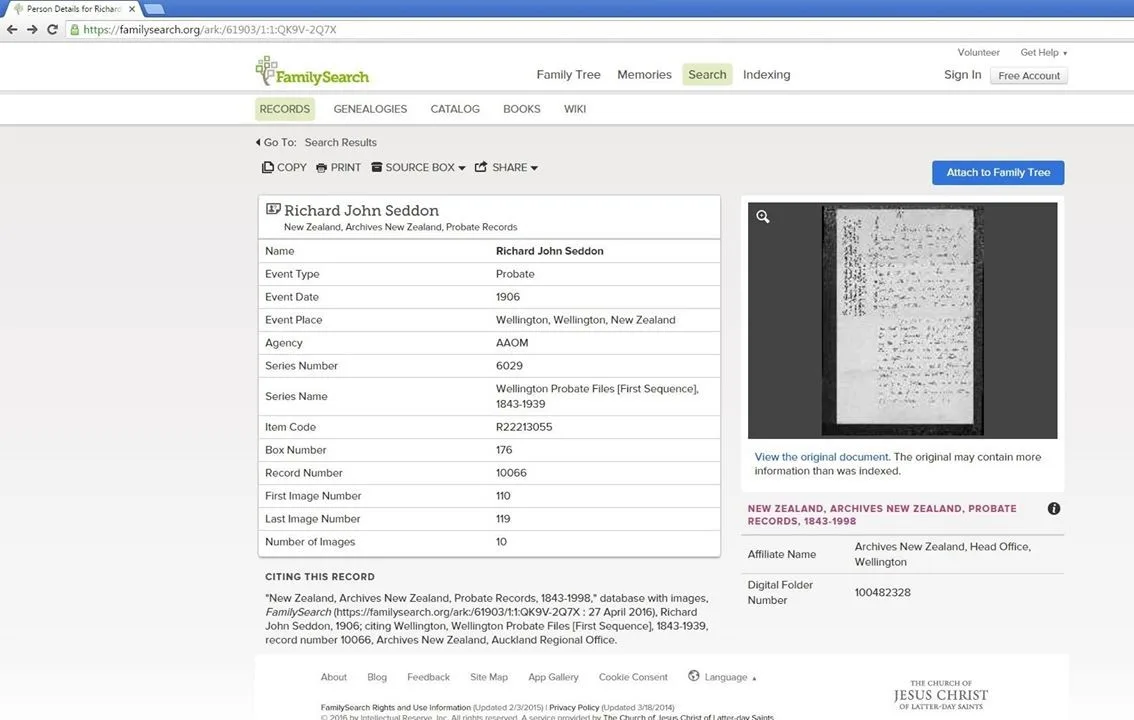 A website screenshot showing the expanded information surrounding a digitised probate