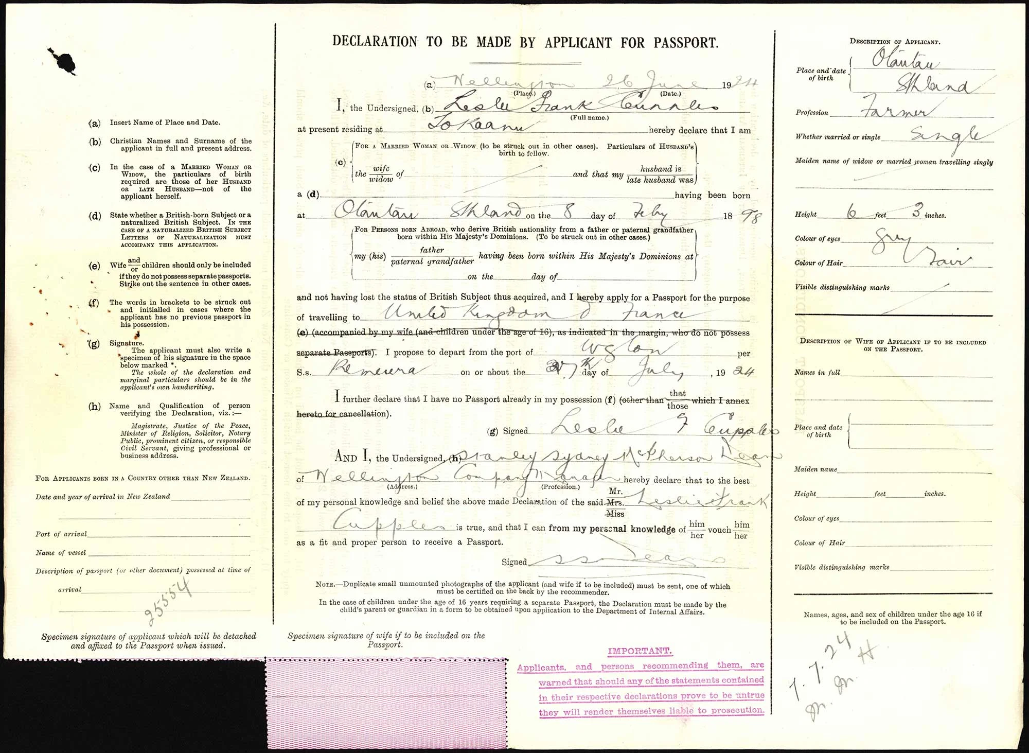 Leslie Frank Cupples passport application