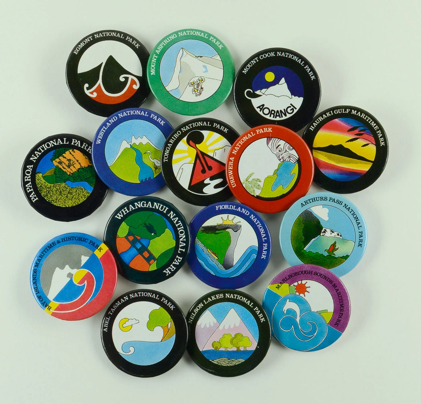Circular badges with colourful illustrations and thick borders