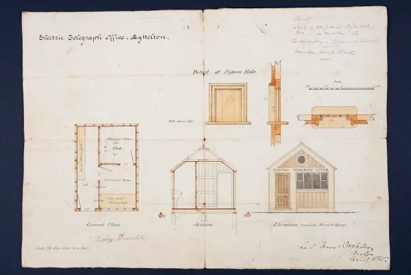 Architect's drawings of a house with black outlines and filled with yellow and orange colour.