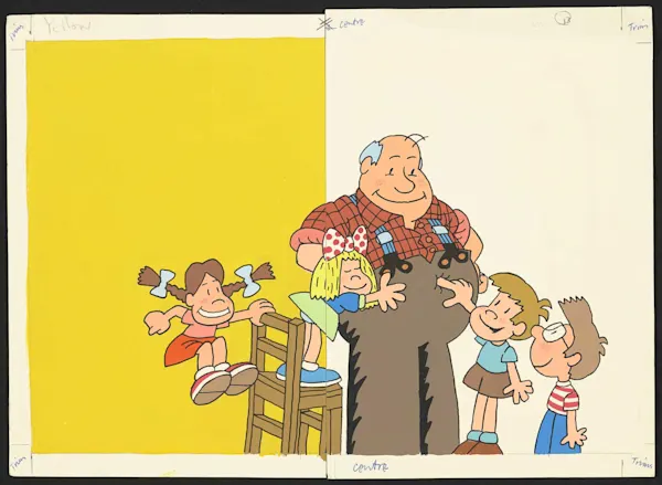 Coloured illustration of an old man standing, one girl standing on a chair and hugging him, a girl holding the chair and jumping and two kids stand on the right