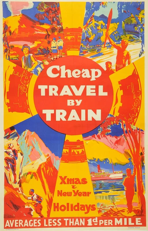 Bright coloured poster with block text 'cheap travel by train'