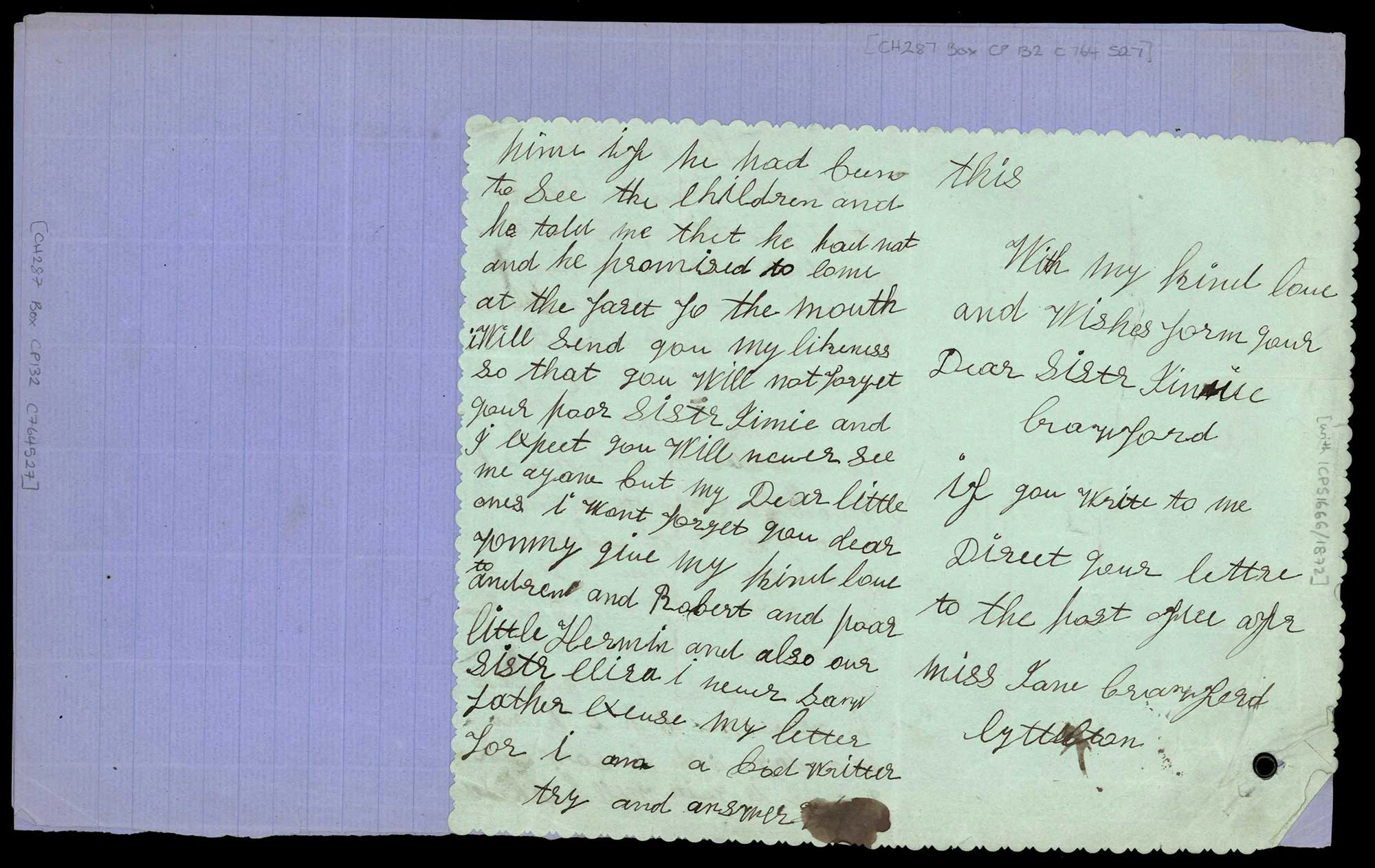 Handwritten letter on an old pale green paper