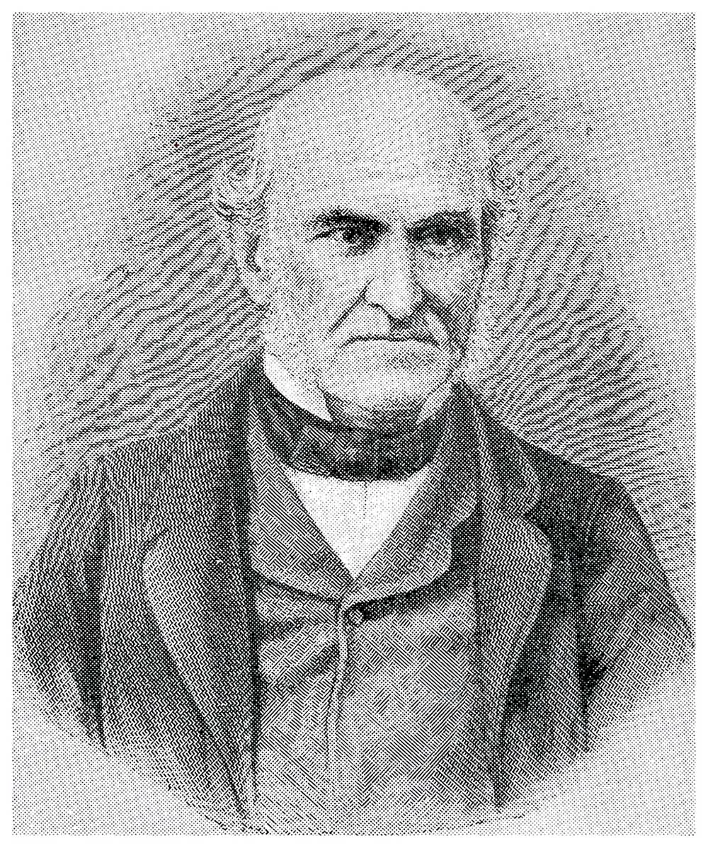 A black and white illustrated portrait of an old man wearing a black suit and a bow tie