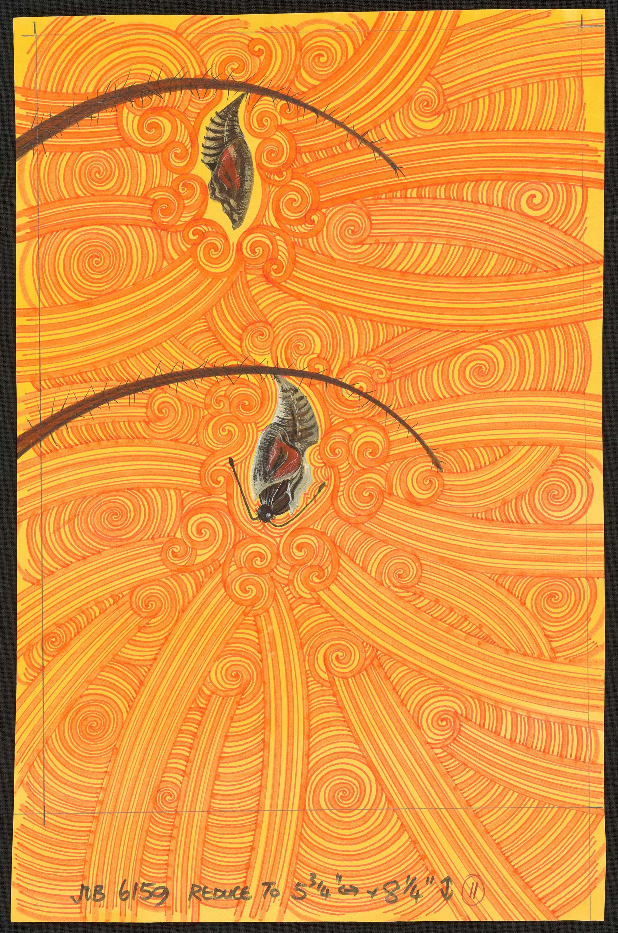 Coloured illustration of two bugs hanging on branches of a plant with orange circular patterns in the background