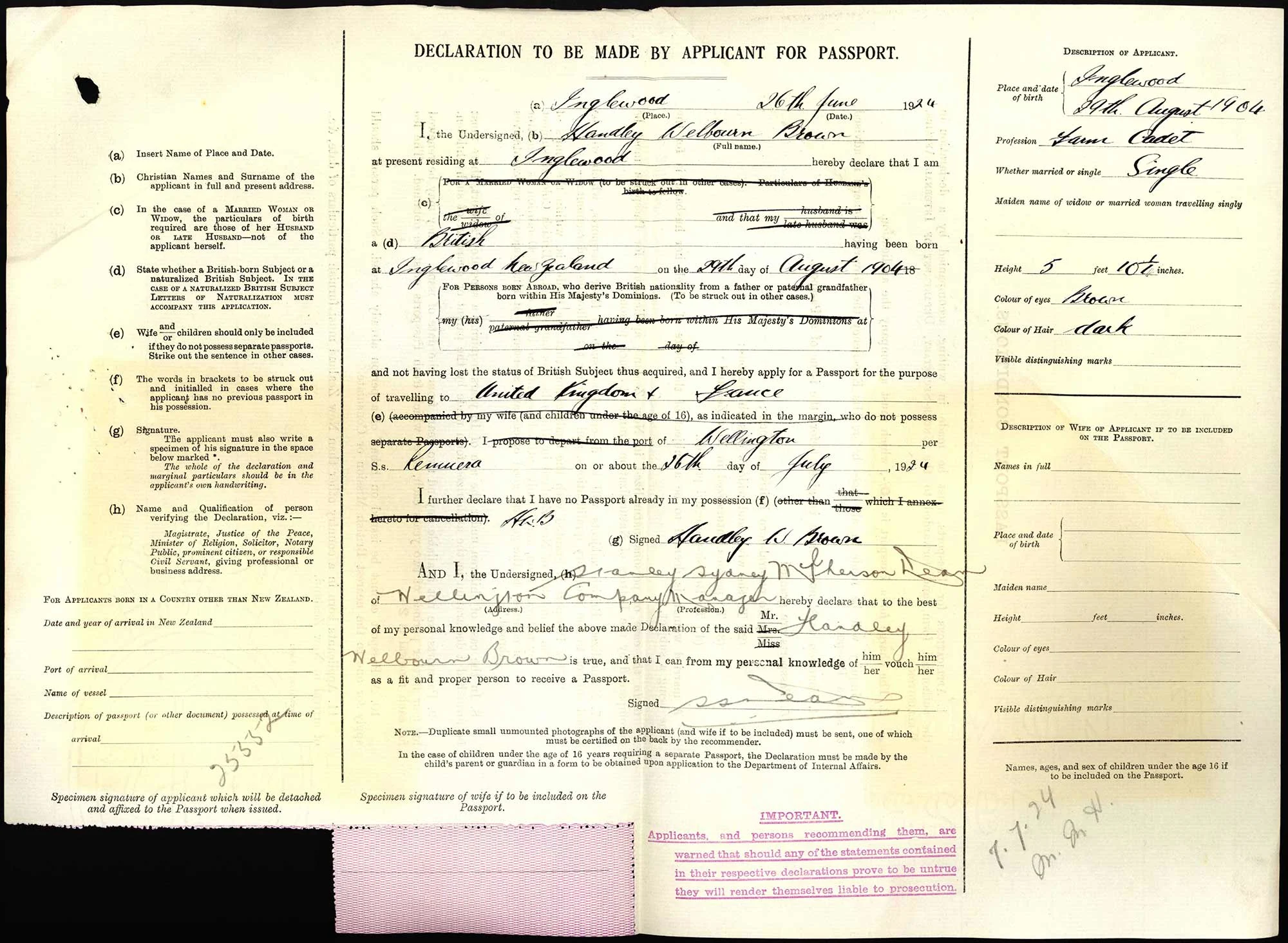 Handley Welbourn Brown passport application