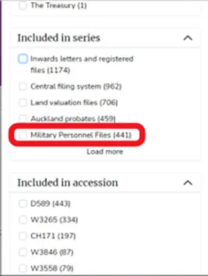 Image showing the location of the Military Personnel Files option, which sits in the the Included in series menu in the Collections search filter.
