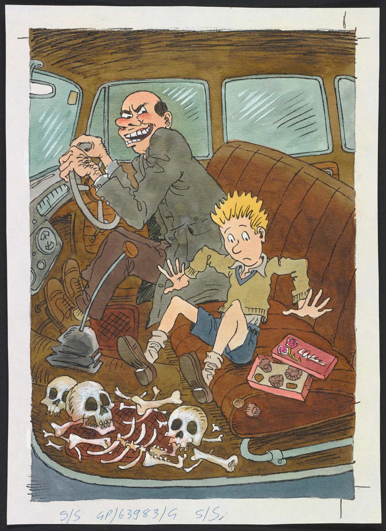 Coloured illustration of a main with a wicked smile and driving a car and a boy sitting beside him shocked to see some human skull and bones on the car floor