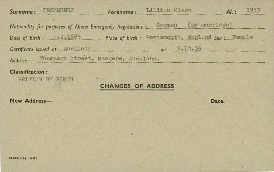 Alien registration card for Lillian Frommherz