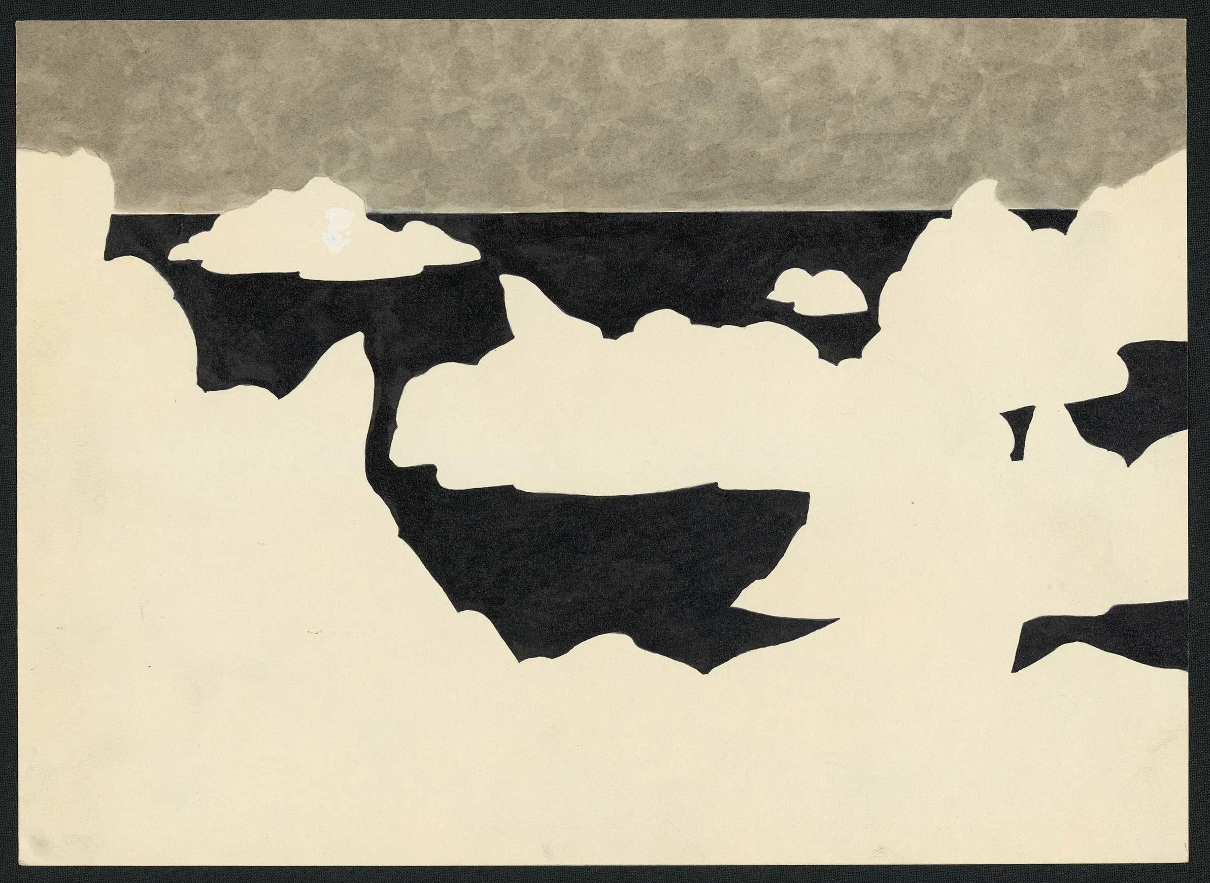 Black and white illustration of rocks on the shore with dark water and grey sky