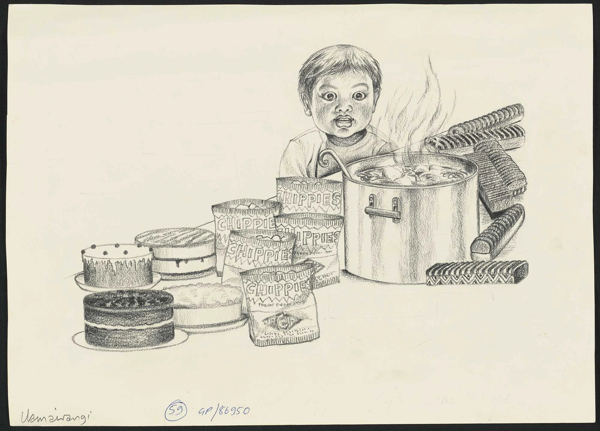 Pencil sketch of a young boy staring with wide eyes, a pot of hot food, bread, cakes and packets of chips in front of him
