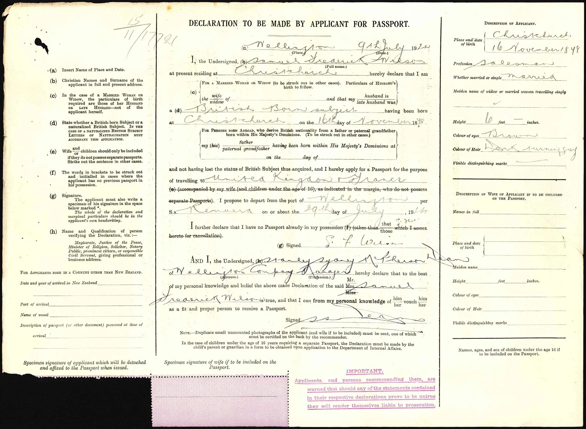 Samuel Frederick Wilson passport application