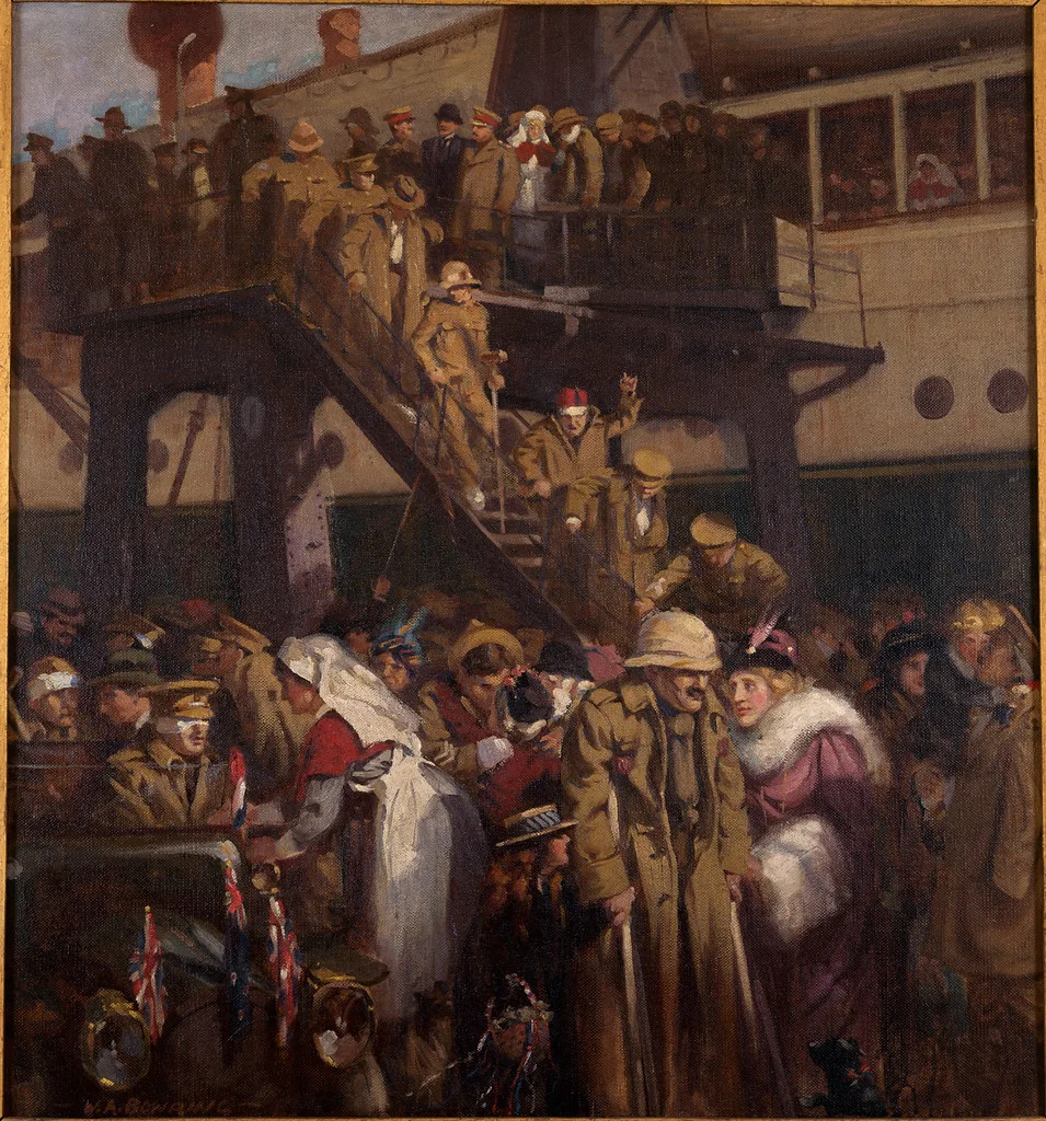painting of soldiers and nurse walking down a gang plank of a ship