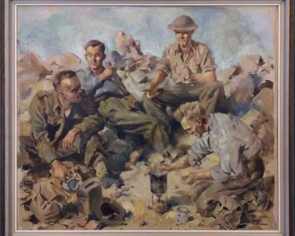 A framed painting of 4 soldiers taking a break and preparing a beverage.
