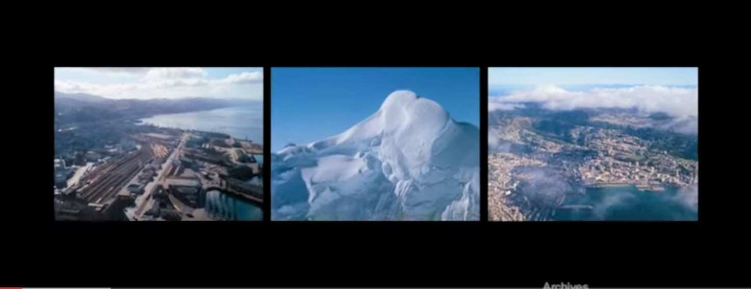 A triptych of images. The first overlooks an urban setting. The second is an aerial view of a snowy mountain side. The third looks down through the clouds at land and body of water.